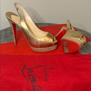 Gold Leather Christian Louboutin Peep Toe Heels